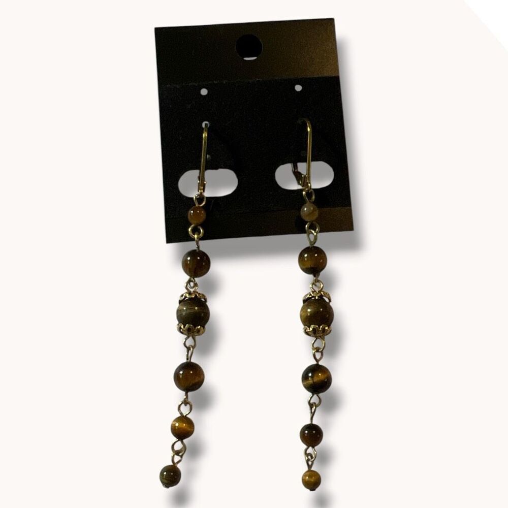 Tiger Eye Beaded Dangle Earrings Gold Tone Boho Artisan Brown - Picture 1 of 5